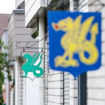 Decoratieve draakborden aan gevels van woningen in Beesel, als onderdeel van de dorpse aankleding rond het Draaksteken. Op de voorgrond een blauw schild met een gele draak, op de achtergrond een groen draakbord aan een gevel.